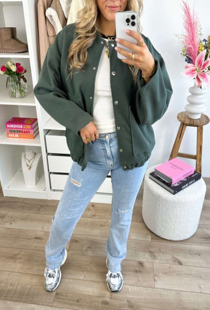 groene bomber jacket met druk knopen